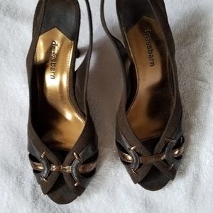 Brown and gold open toe heel